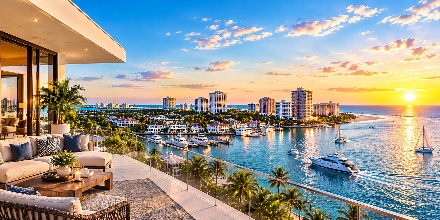 Luxury waterfront balcony overlooking a coastal marina, yachts, and Clearwater shoreline at sunset