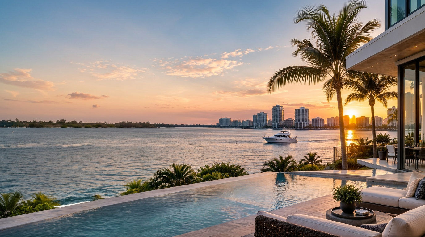 Luxury Clearwater waterfront home at sunset with infinity pool and yacht